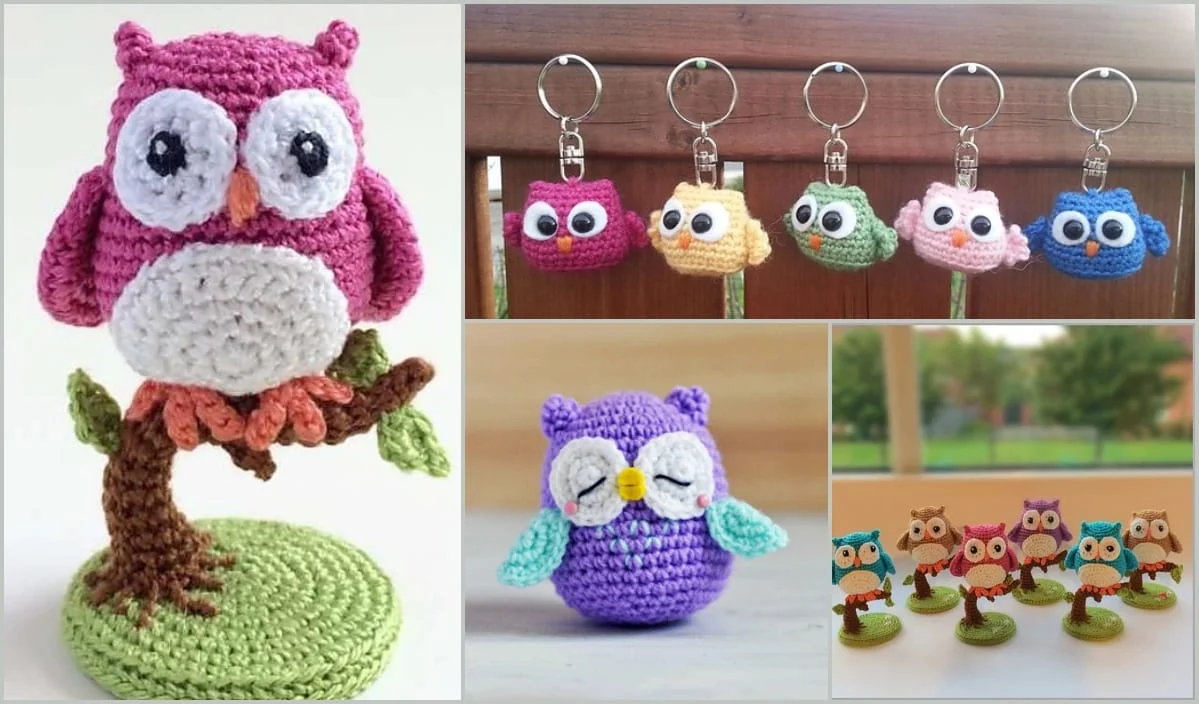 A delightful array of crocheted owl creations, featuring keychains and a plush toy, showcased on rustic wooden surfaces and in scenic outdoor settings.