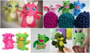 A collection of colorful crocheted dragon and dinosaur figures displayed in various poses, complete with free crochet patterns to create your own tiny dragons.