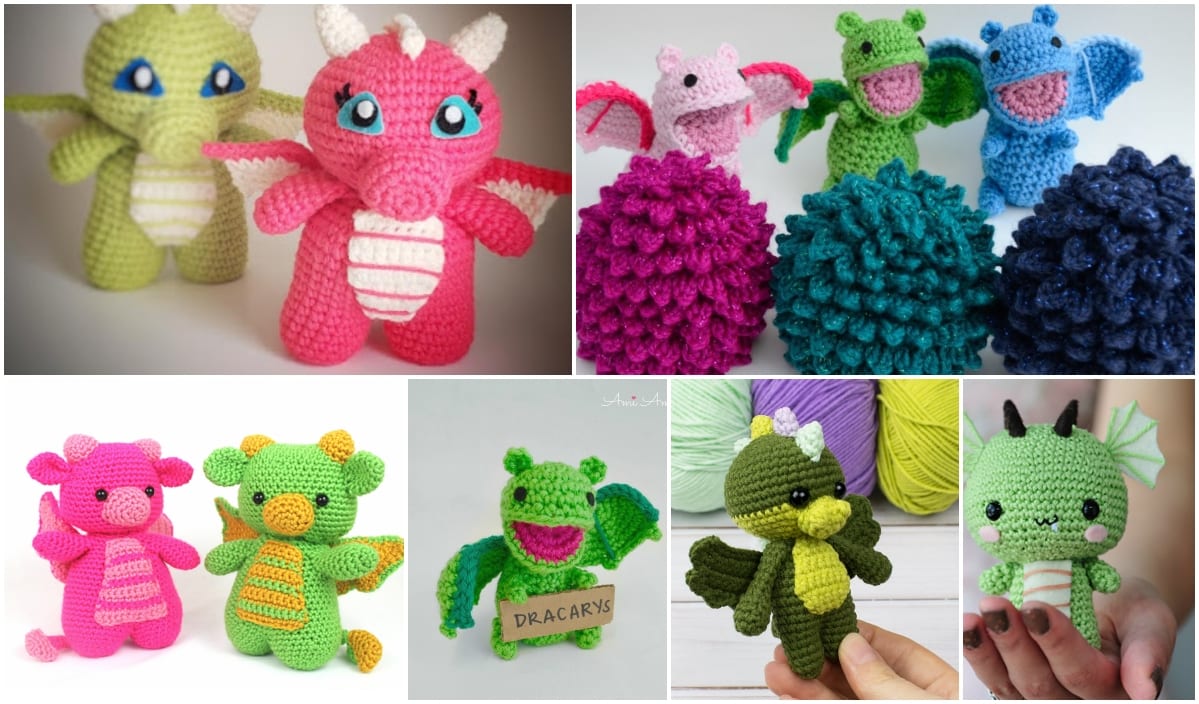 A collection of colorful crocheted dragon and dinosaur figures displayed in various poses, complete with free crochet patterns to create your own tiny dragons.