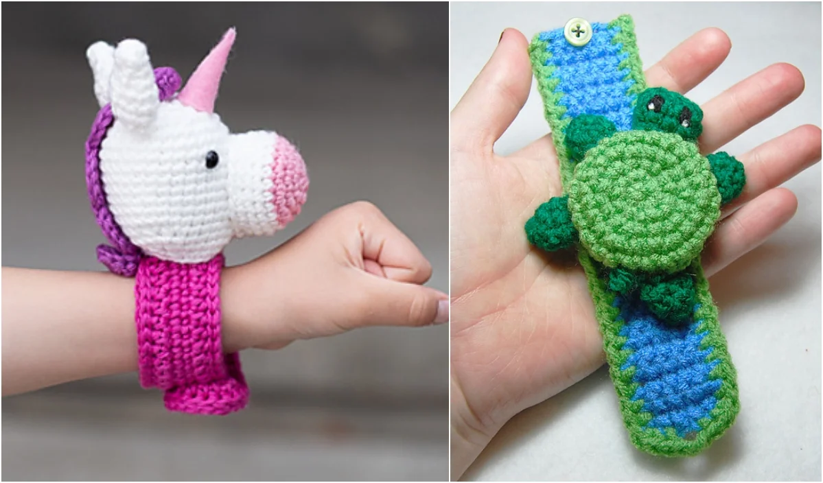 Two handmade crochet slap bracelets: an animal bracelet featuring a white unicorn head with a pink strap, and another showcasing a green turtle on a blue and green strap. Perfect for those who love unique crochet patterns.