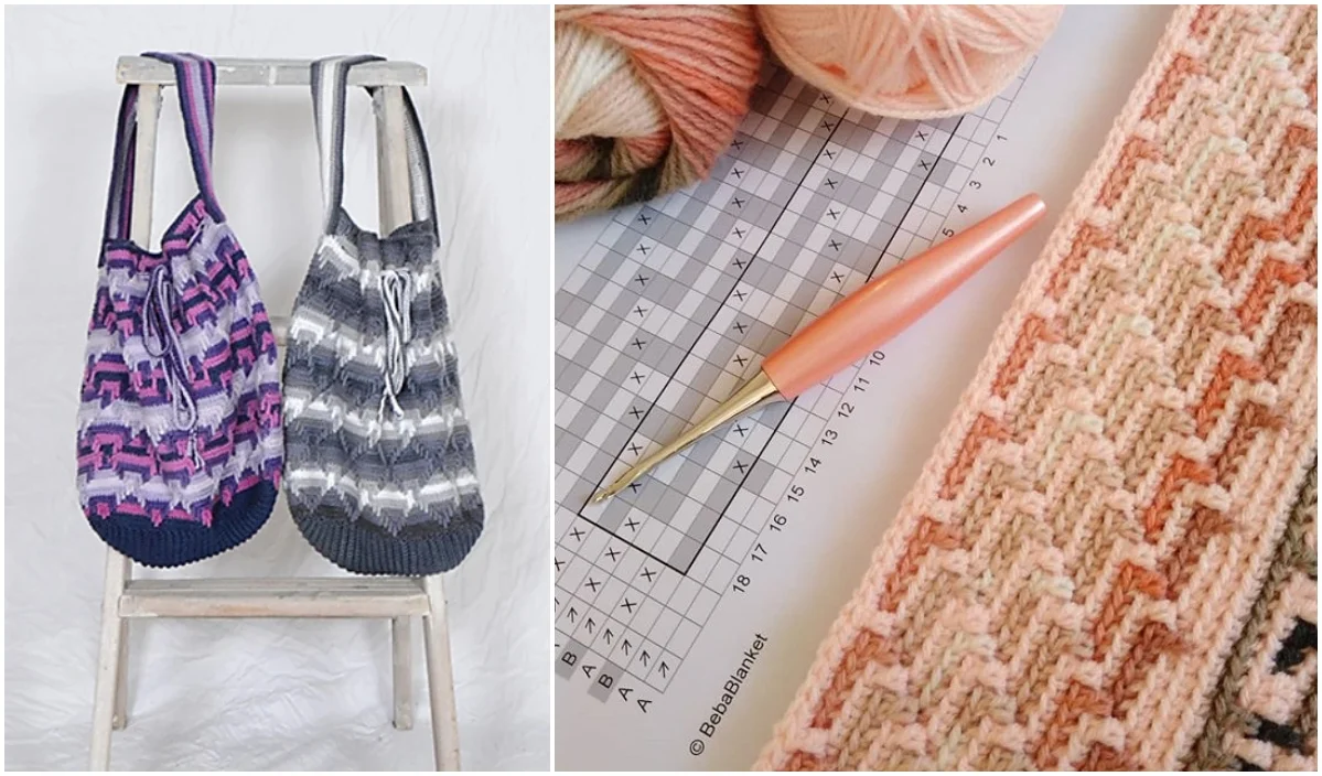 Two crocheted bags, showcasing the versatility of design, hang on a stool next to a crochet pattern. A skein of yarn and a crochet hook rest on the table, ready to bring life to an intricate stitch.