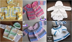 A charming collage of crochet baby jackets and hats in a delightful array of patterns and colors, featuring hues of yellow, pink, white, green, and blue.