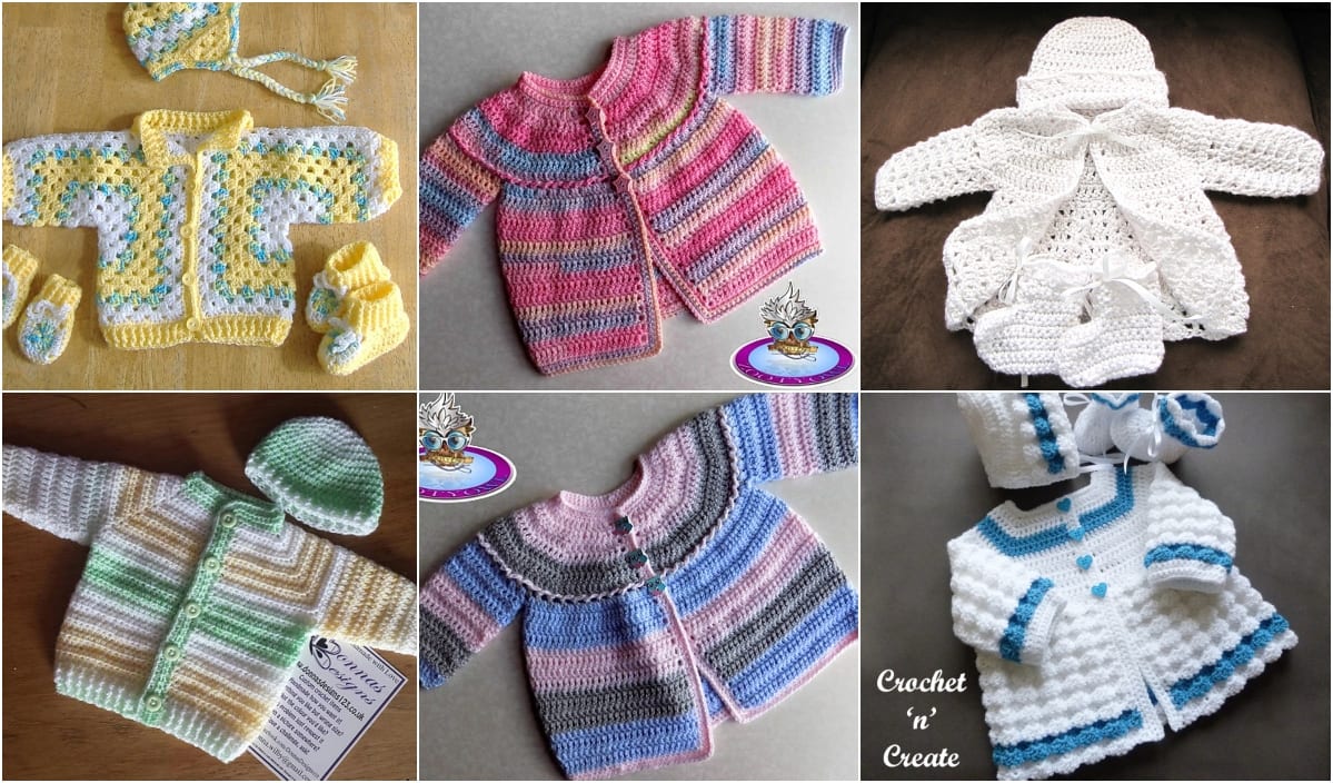 A charming collage of crochet baby jackets and hats in a delightful array of patterns and colors, featuring hues of yellow, pink, white, green, and blue.