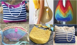 A collage of six crochet beach bags in vibrant hues and styles, featuring striped, round, rainbow, seashell, yellow scallop, and blue-striped designs.