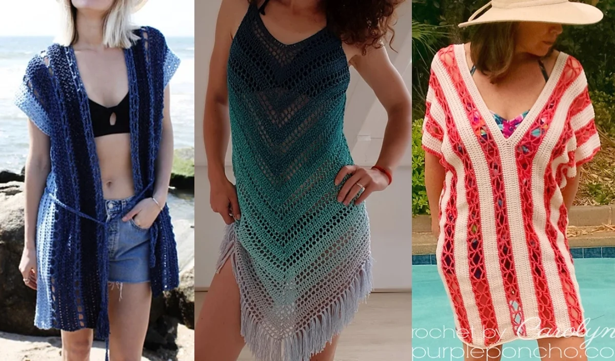 Three women showcase a chic collection of crochet beach cover-ups: one flaunts a blue ensemble with shorts, another dazzles in a green ombre design with fringe, and the last stuns in pink and white stripes paired with a sun hat. Explore free patterns to craft your perfect crocheted beach tunic.