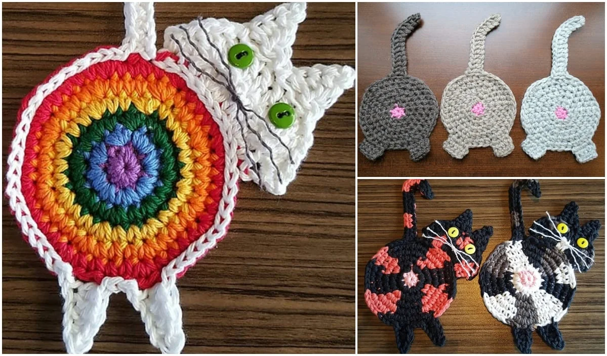 Crocheted cat coasters in various colors, showcasing circular bodies with tails and ears on a wooden surface. Perfect for any feline lover, these whimsical designs include free crochet patterns for crafting your own unique cat butt coaster.