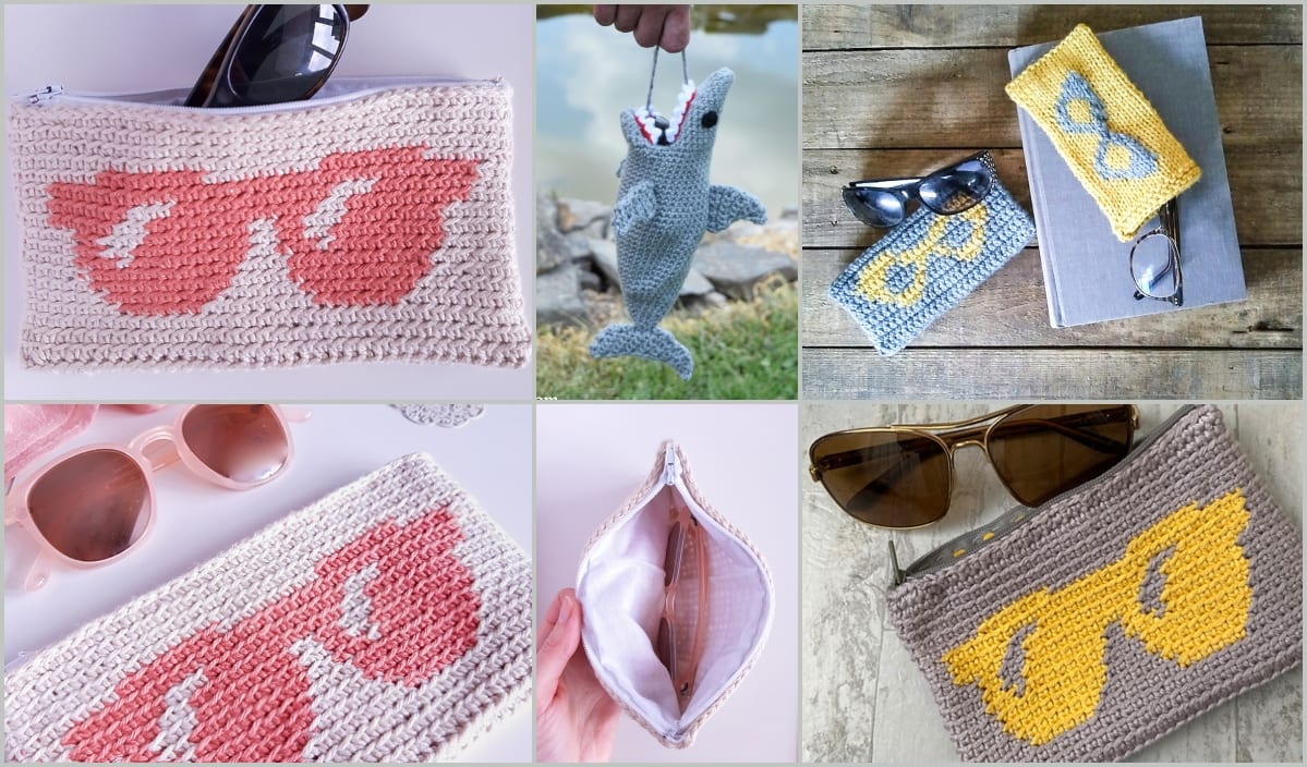 A collage featuring crocheted pouches with vibrant sunglasses patterns and a playful shark toy, alongside a fashionable crochet-patterned sunglasses case placed on a book.