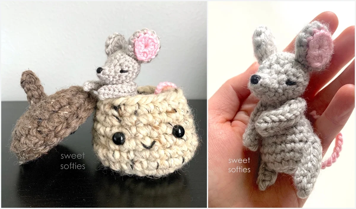 Two images showcasing a charming crochet baby mouse: one nestled inside a beige basket with a smiley face lid, and the other cradled in a hand. The adorable gray mouse brings warmth and whimsy to any corner.