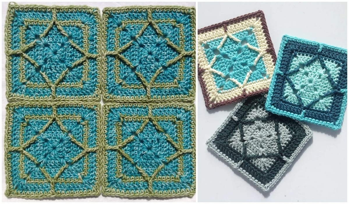 Crochet patterns come alive with blue and green squares on the left, while three distinct multicolored squares on the right mimic intricate mosaic tiles against a pristine white background.