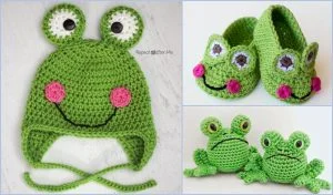 Crochet frog-themed creations include a green hat with ear flaps, shoes adorned with eyes and smiles, and two round frog toys.