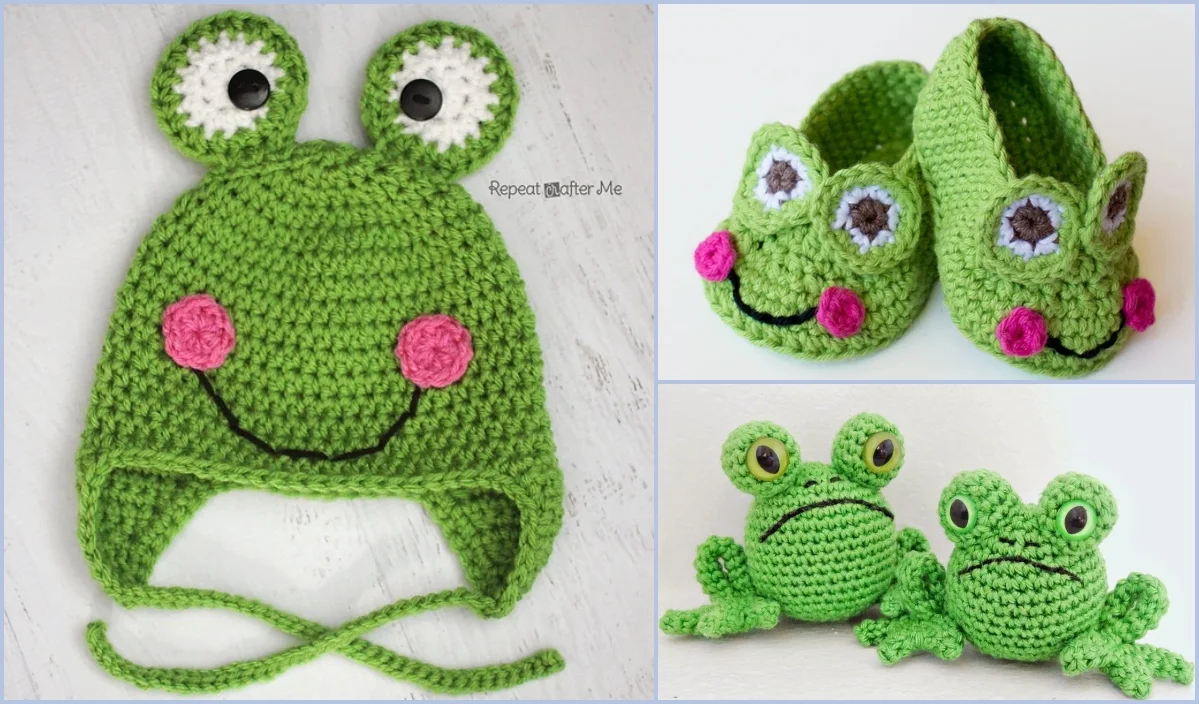 Crochet frog-themed creations include a green hat with ear flaps, shoes adorned with eyes and smiles, and two round frog toys.