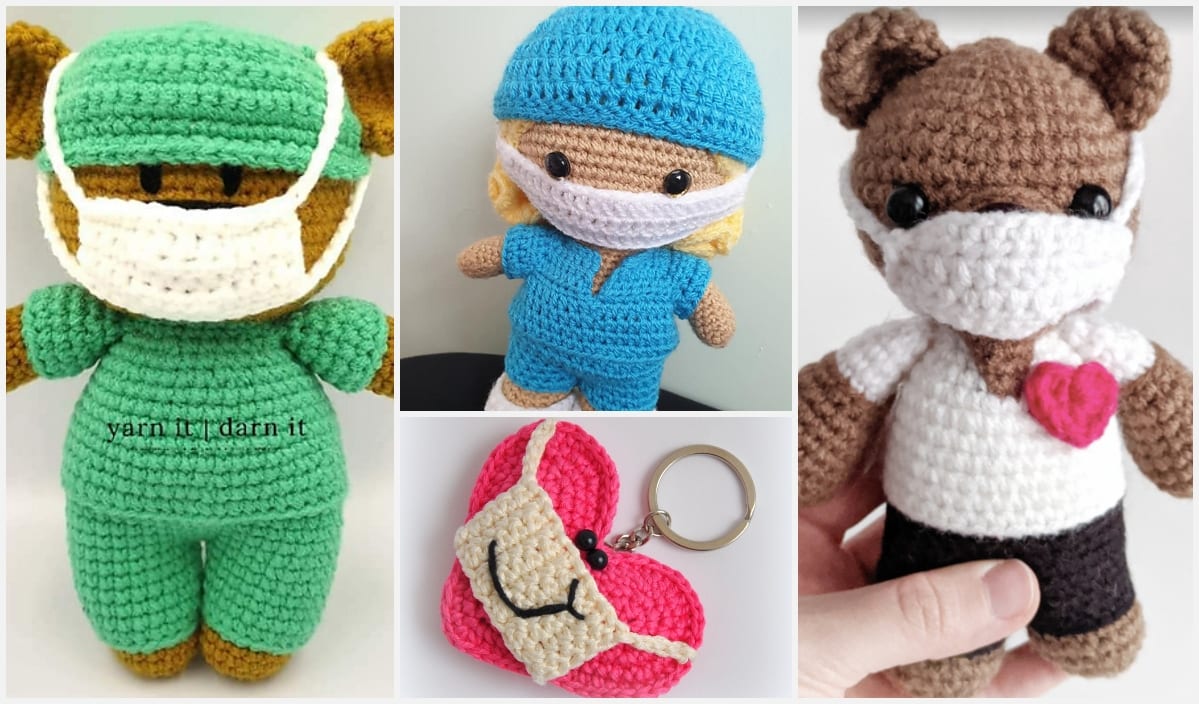 Crochet gifts include figures of healthcare workers in scrubs and masks, a cute crocheted bear holding a heart, and a cheerful crocheted heart keychain with a smile.