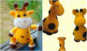 Crocheted giraffe toys: one resting on a wooden plank outdoors and three standing proudly against a yellow patterned backdrop, showcasing delightful crochet patterns.
