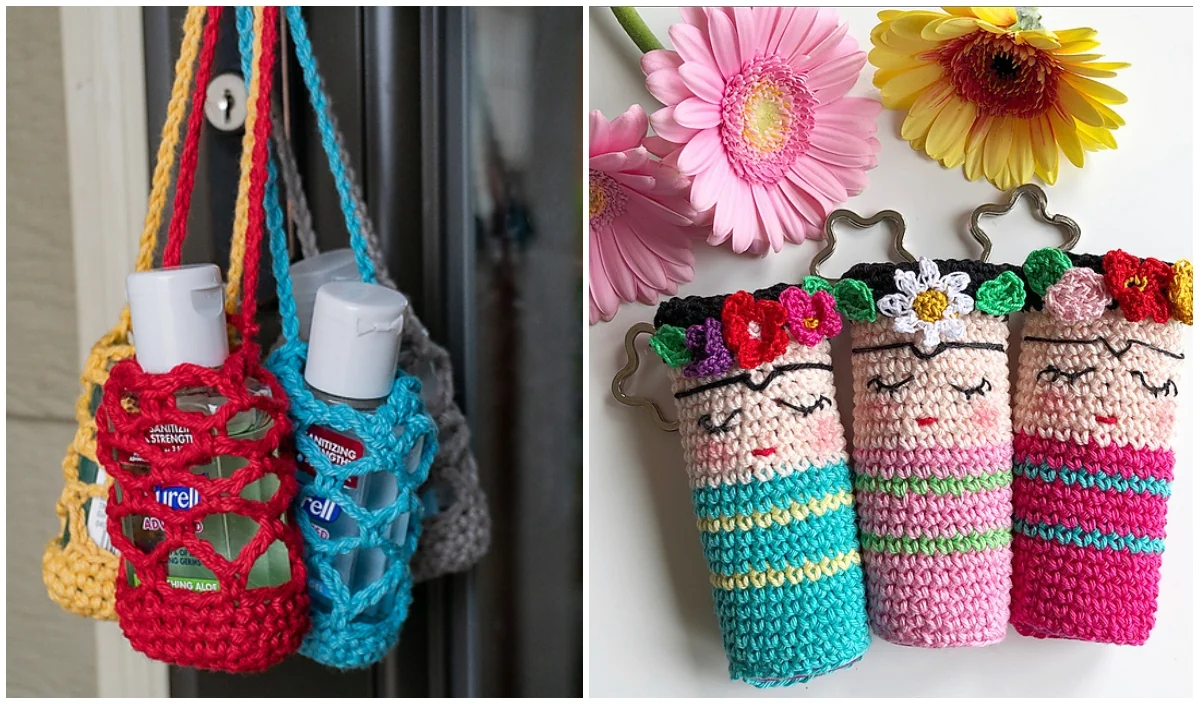 Crocheted bottle holders on the left and three cozy crocheted figures, resembling dolls, on the right with flowers above them. Perfect for displaying intricate crochet patterns or even holding your hand sanitizer in style.