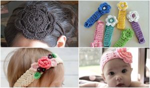 Collage of crocheted headbands: top left highlights a black flower headband on hair, top right displays six colorful crochet patterns, bottom left features a flower headband on a child, and bottom right shows a baby with a pink headband.