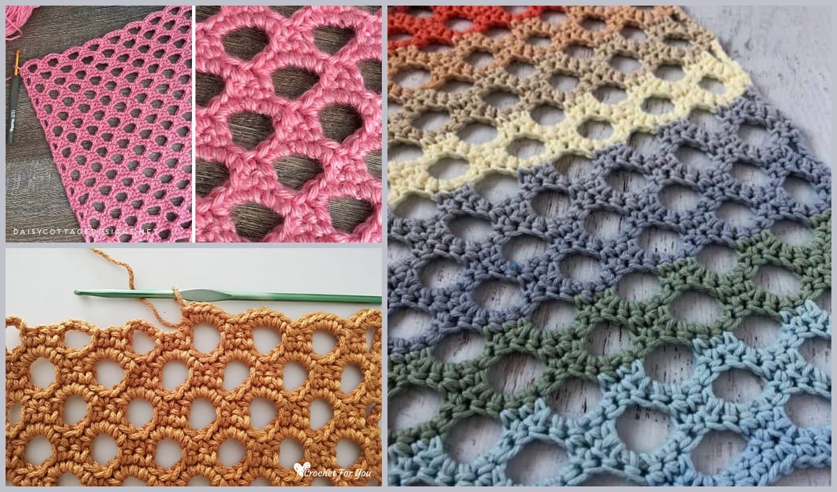 A series of crochet samples showcasing hexagonal honeycomb patterns in vibrant colors like pink, orange, and multicolor. A green crochet hook rests beside one sample.