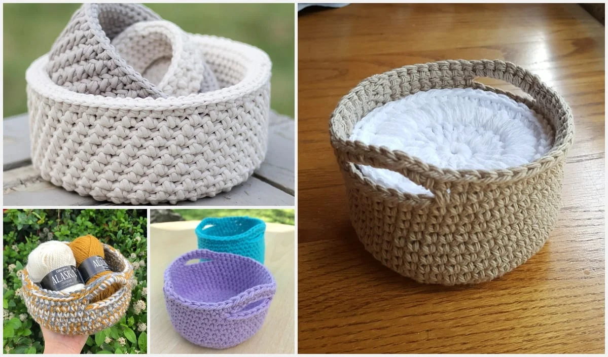 Four images feature a mix of crocheted mini baskets in various sizes and colors, including beige, purple, and blue. They're displayed both indoors and outdoors alongside yarn and accessories, perfect for those seeking inspiration from free crochet patterns.