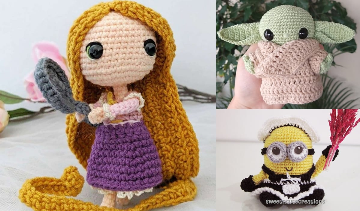 A crocheted figure with long hair and a frying pan, another resembling a small green character with big ears from a favorite kid's movie, and a third depicting a yellow character with goggles and a red feather duster.