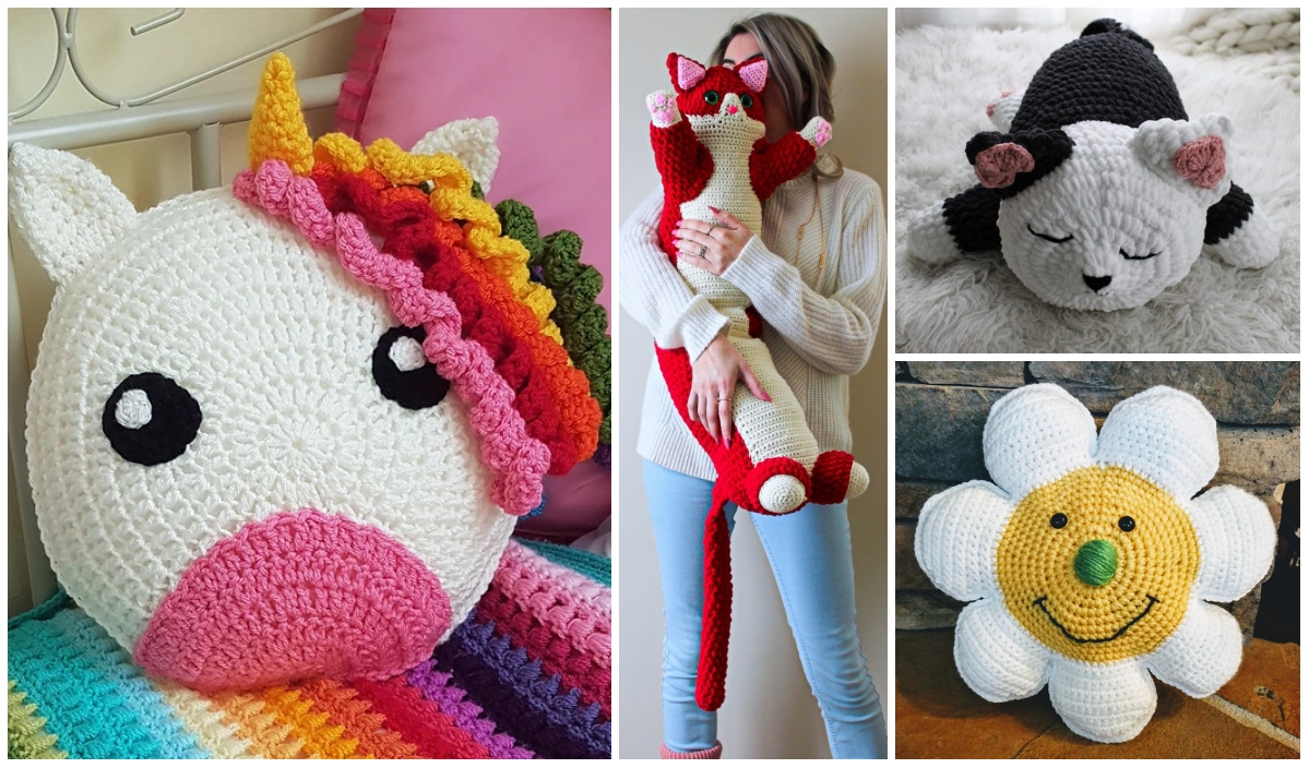 A charming collage of crochet creations featuring a unicorn pillow, perfect from delightful crochet pillow patterns for kids, alongside a woman holding a red fox, a black and white cat, and a smiling daisy.