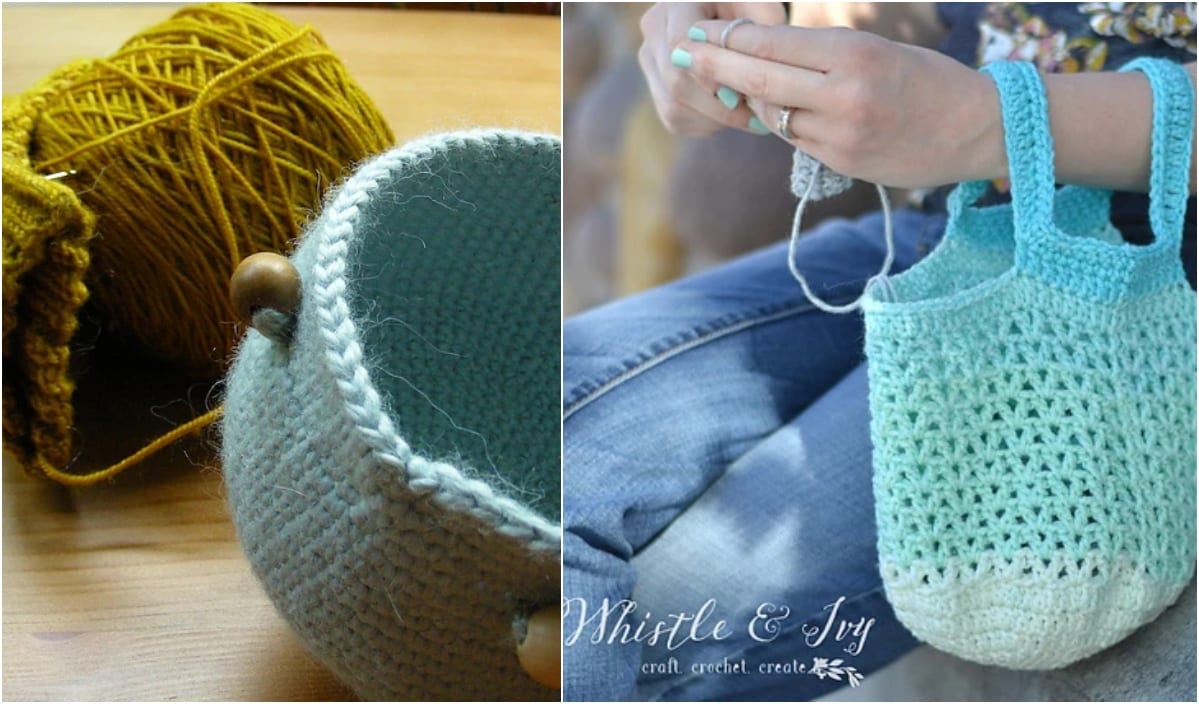 Two images side by side: The left showcases yarn and a crochet basket brimming with creativity; the right captures a person skillfully crocheting a teal bag. Discover inspiration in each stitch and explore free patterns to craft your unique masterpiece.