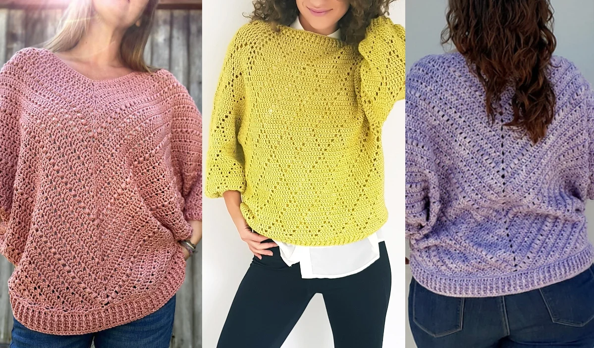 Three images showcase unique women's pullovers: a pink crochet sweater with hands in pockets, a yellow one layered over a white shirt, and a purple design viewed from the back. Perfect for those seeking inspiration from exquisite crochet patterns.