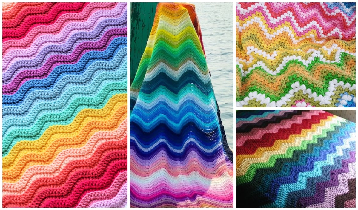 A collage showcases four vibrant crochet blankets, each designed with colorful zigzag patterns using diverse hues, including the stunning Rainbow Ripple Blanket.