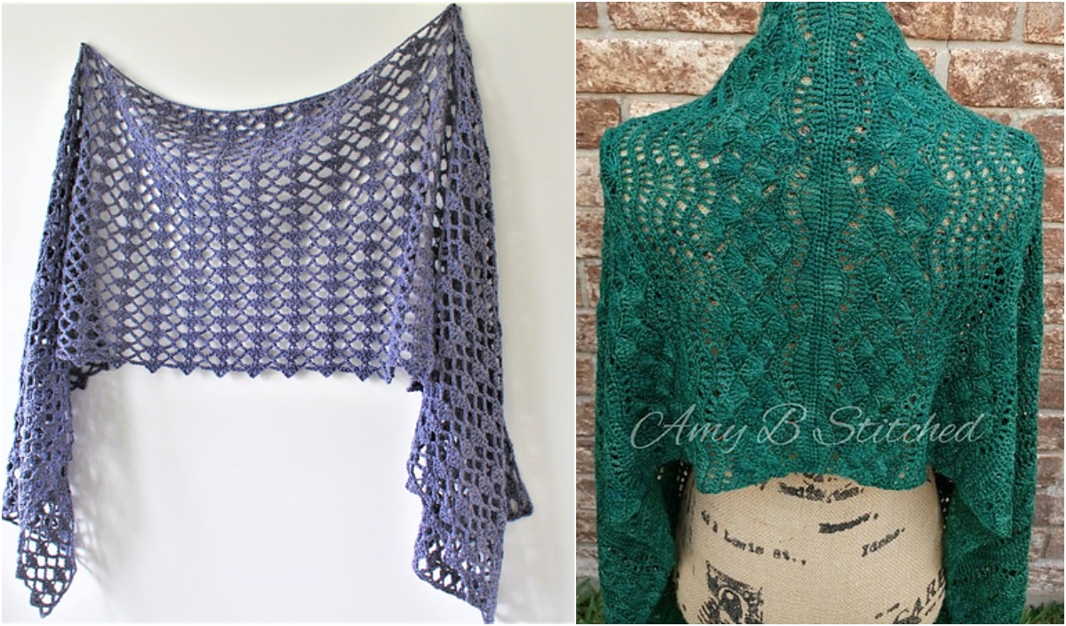 Two crocheted shawls: one in purple with a diamond pattern and the other in green with an intricate lace design. Perfect for spring and summer, these rectangle shawls are displayed on a mannequin and a wall, showcasing their elegance. Discover free crochet patterns to create your own!