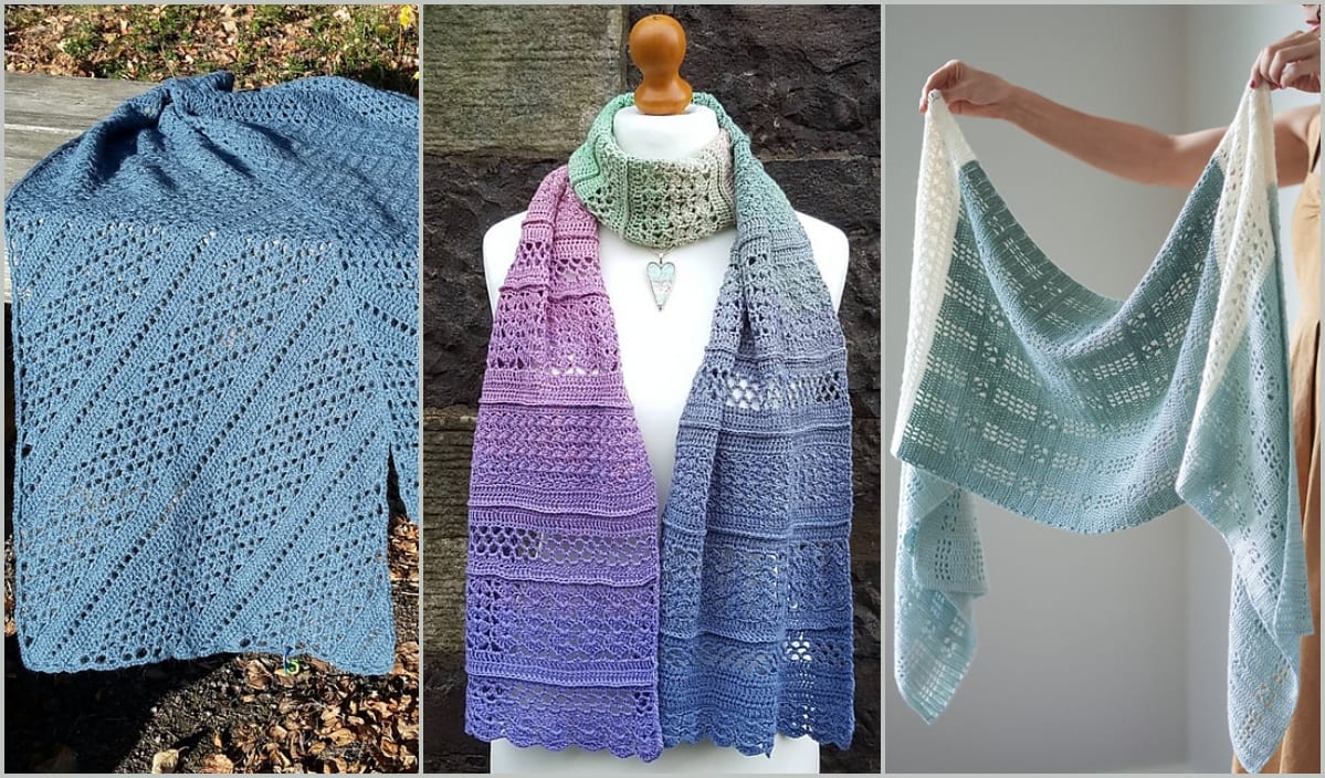 Three crochet shawls: a blue one on wood, a gradient green-purple-blue on a mannequin, and a mint-green rectangle shawl held in hands. Discover these stunning designs with our free crochet patterns to create your own masterpieces.