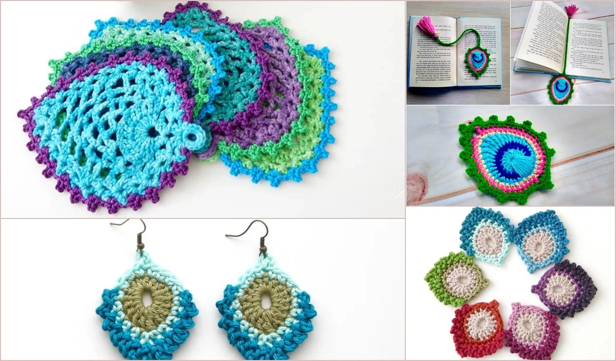 Explore an enticing collage of crochet crafts featuring colorful coasters, a book corner bookmark, earrings, and round motifs. Dive into these peacock-inspired creations with free crochet patterns to guide your next crochet project adventure.