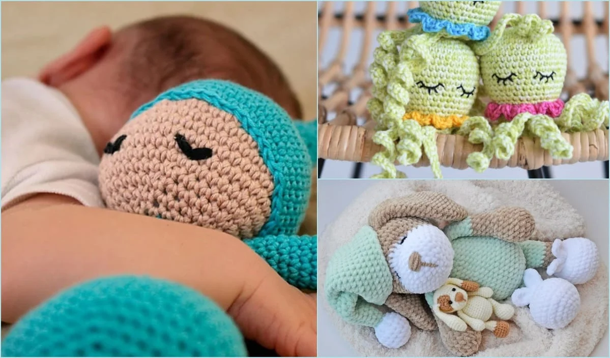 A baby snuggles with a blue crocheted doll, while two more images reveal green crocheted octopuses and a sleeping companion—a bunny alongside a tiny bear. Perfect for all ages, these charming creations come from free crochet patterns.