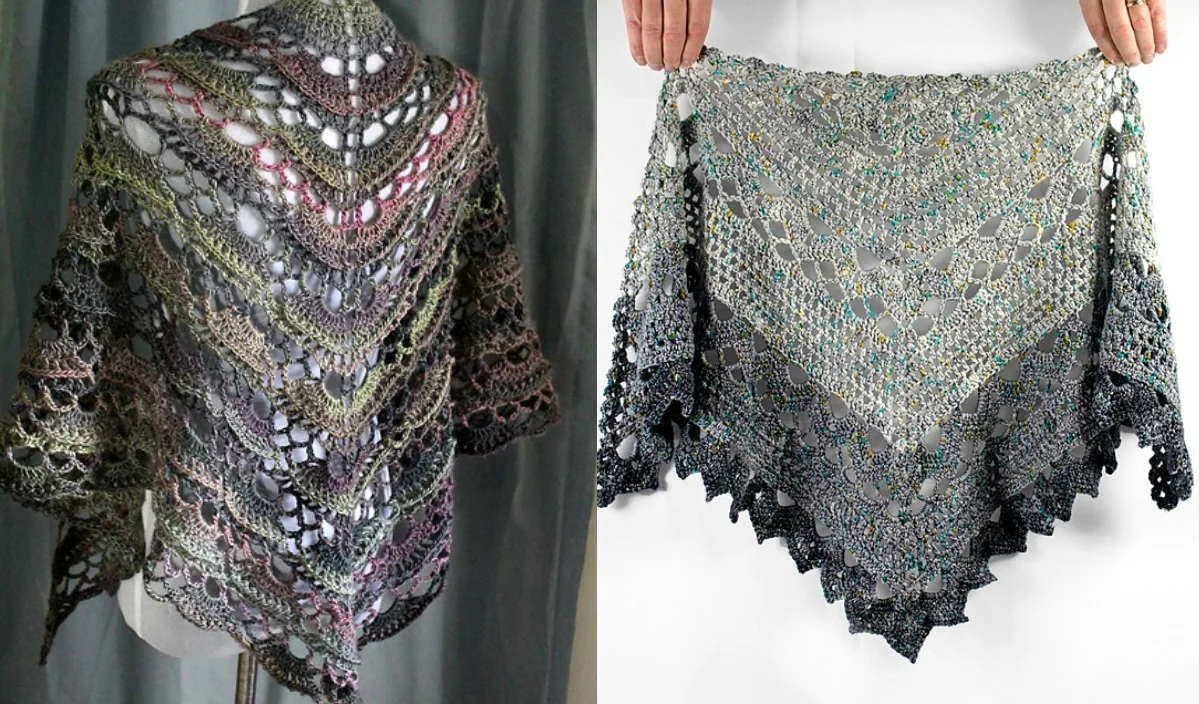 Two intricately crocheted Spring Shawls with lace patterns. The one on the left is draped on a mannequin, while the other is held up by two hands, showcasing its beauty and hinting at its creation from free crochet patterns.