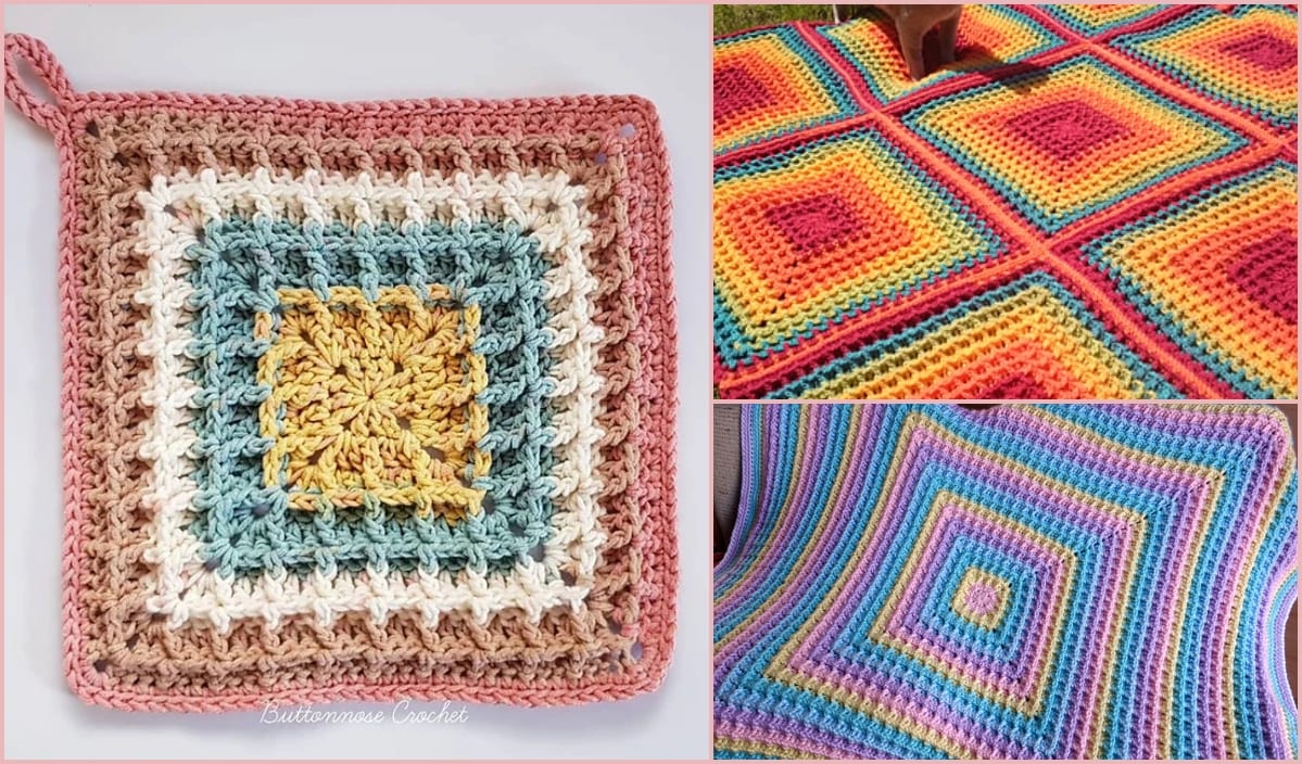 Three crochet patterns: a waffle square with a loop, a sunburst design on grass, and a large rainbow-toned square with diagonal lines.