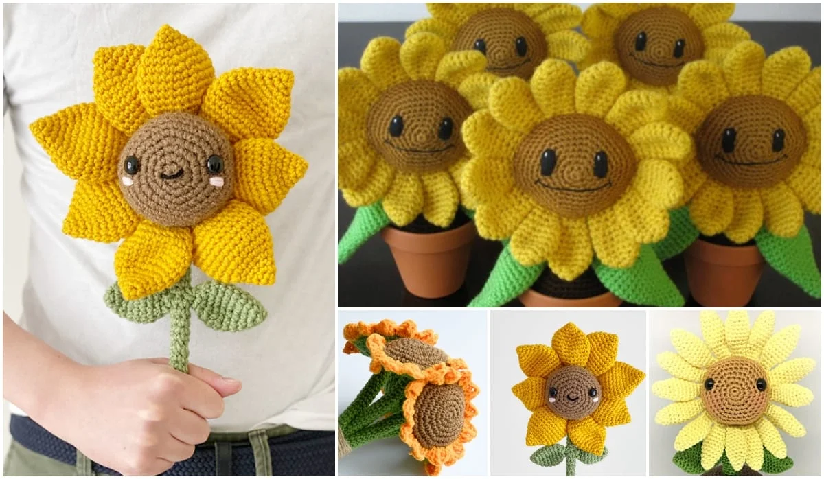 A person holding a smiley-faced crocheted sunflower showcases their talent with a delightful sunflower crochet pattern; similar sunflowers are artistically arranged in pots, spreading joy.