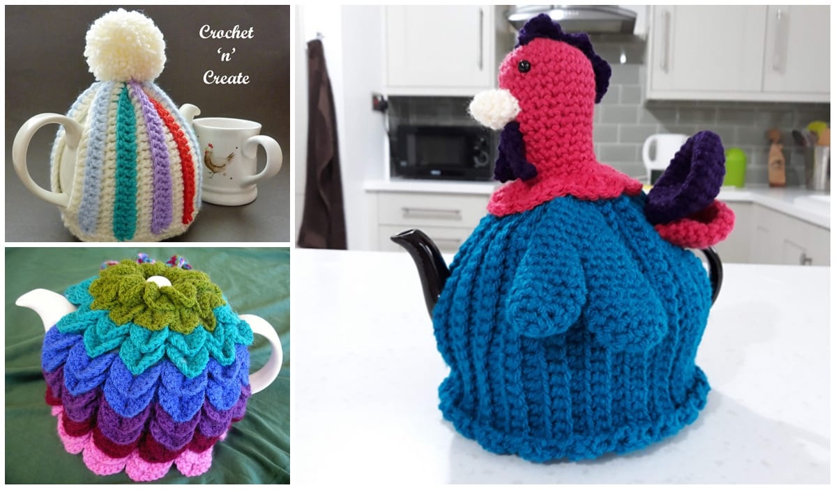 Three colorful crocheted tea cozies adorn teapots in a charming kitchen setting. Each features unique crochet patterns, including a pom-pom top, shell patterns, and a bird shape—perfect for adding a touch of charm to your tea-time ritual. Explore these designs with free patterns available online.