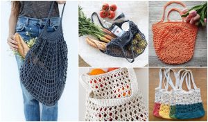 A collage of crochet tote bags, each in different designs and colors, some filled with groceries like bread and vegetables. Discover the best crochet patterns for your own market bag and explore free crochet patterns to create these vibrant accessories.
