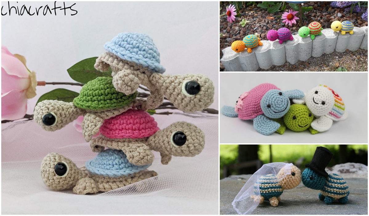 Explore our delightful collage of Turtle Crochet Patterns: a charming stack of four turtles, whimsical turtles on a garden ledge, three cozy turtles cuddling, and an enchanting turtle wedding complete with a top hat and veil.