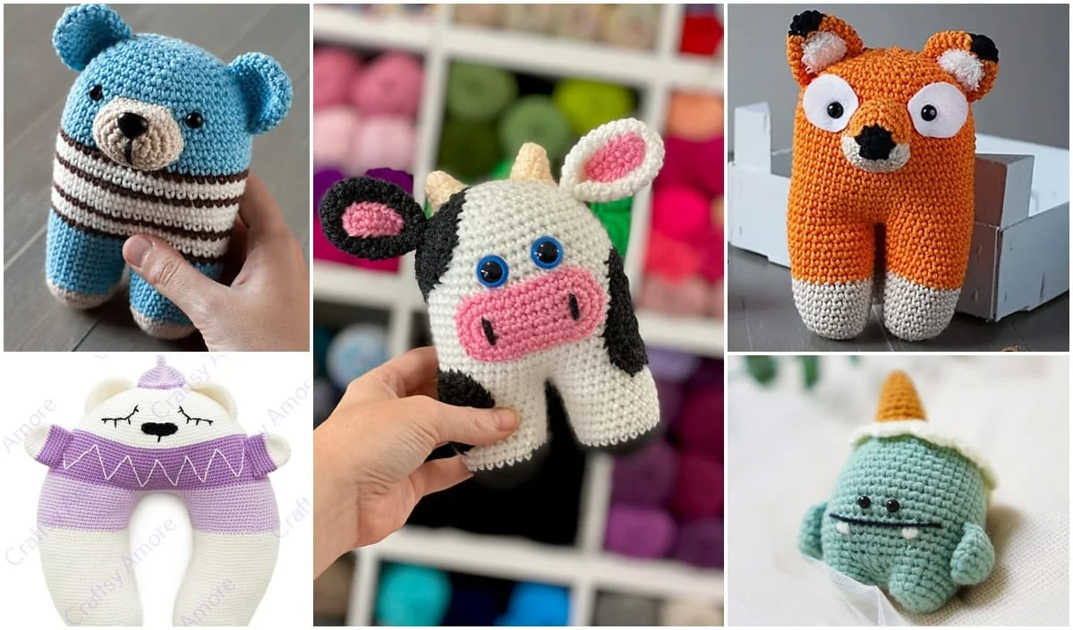 A collage of ami toys showcases crocheted stuffed animals, including a bear, fox, cow, and a sleeping creature in pajamas. Each is held by a hand or displayed against yarn and shelving backgrounds. A delightful green dinosaur adds charm to this whimsical collection.