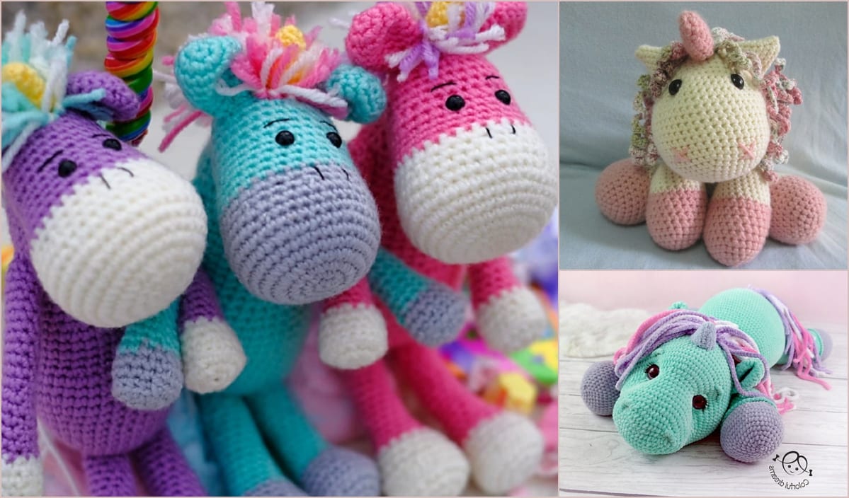 Crocheted unicorn plushies in various colors are arranged together, bringing magic to your collection.