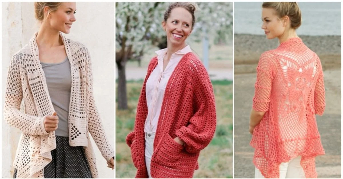 Three women wearing crocheted cardigans in cream, red, and coral showcase a perfect summer look. The cardigans vary in design, featuring intricate crochet patterns and different sleeve lengths.