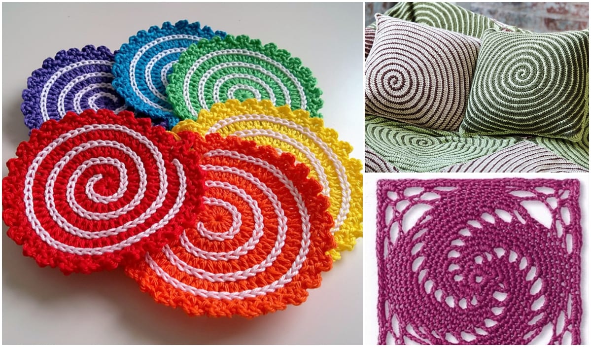 Explore vibrant crocheted spirals crafted in a rich tapestry of patterns and colors, featuring delightful coasters, cozy pillows, and a charming square swatch. Each piece showcases the art of the spiral crochet pattern at its finest.