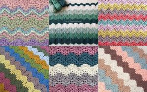 A vibrant collage of six crocheted ripple pattern kid blankets in various color combinations, displayed with yarn balls, offering inspirations for every crochet enthusiast.