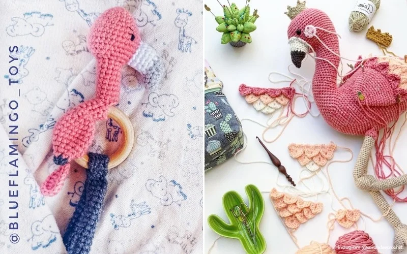 Crochet pink flamingo toy on the left, paired with a half-finished project on the right using crochet flamingo patterns. Cactus decor and yarn add charming details to this creative scene.