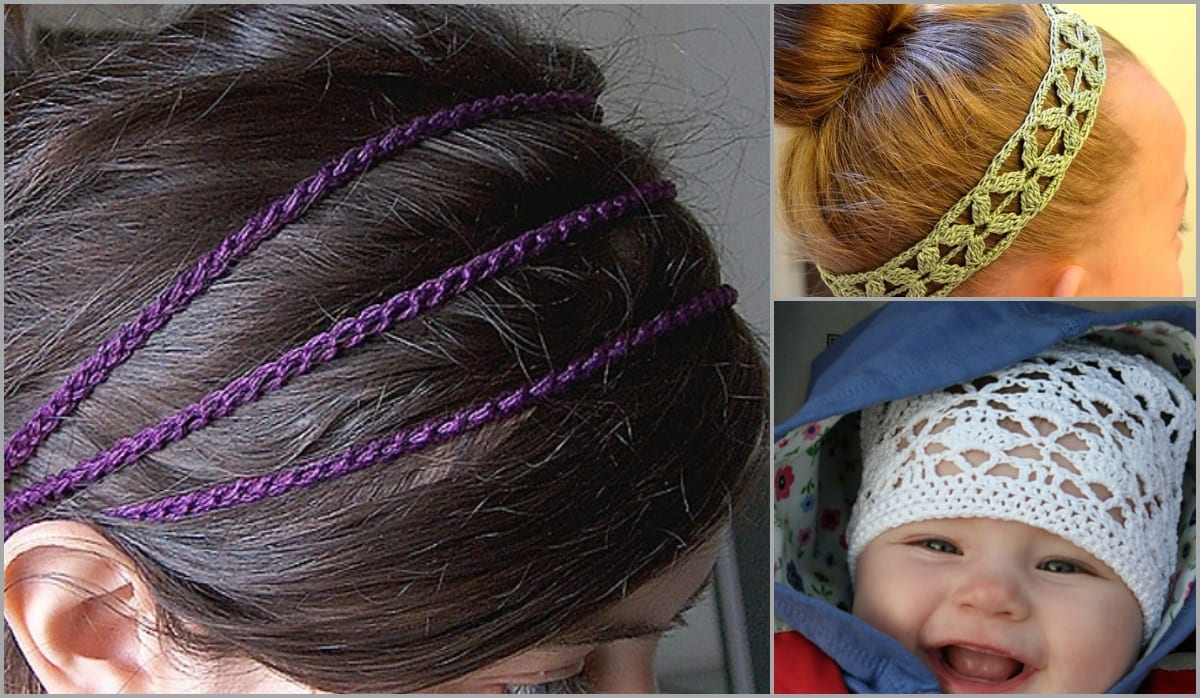 Discover the charm of handmade with three images of people wearing crocheted headbands: a purple braided band, a green pattern around a bun, and a white lace band on a smiling baby. Perfect for summer, try your hand at these crochet headband patterns with our free patterns.