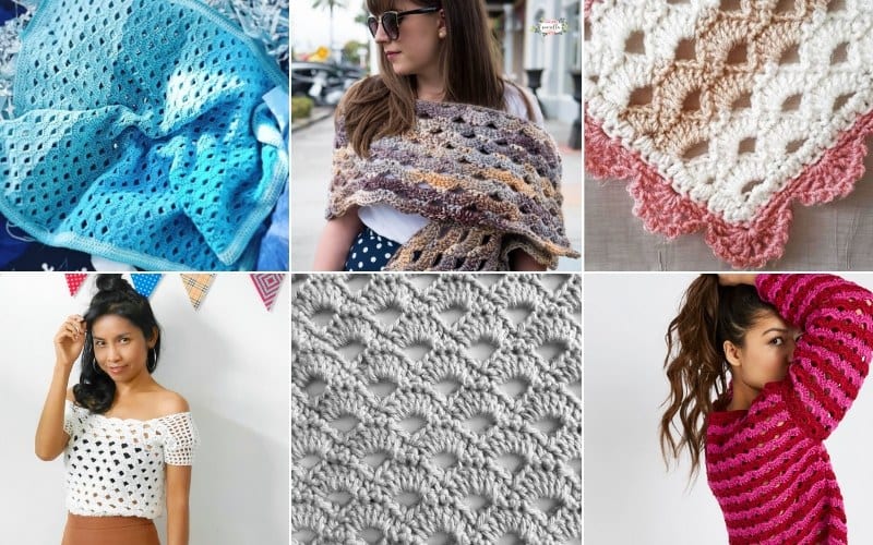 Collage of six crochet projects showcasing shawls, tops, and intricate stitch patterns, including arcade stitch. The designs burst with colors like blue, white, pink, and multicolored yarns.