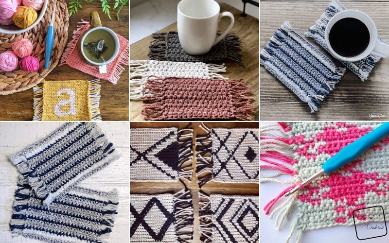 A collage of crochet mug rugs in various designs and vibrant colors, some artfully placed under cups. A crochet hook with yarn peeks through in one section.