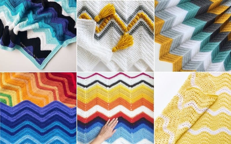 A collage of six colorful crochet blankets showcases vibrant designs in chevron stitch, featuring shades of blue, yellow, red, and multicolor. One hand gently touches a red and yellow blanket, sparking creative blanket ideas.