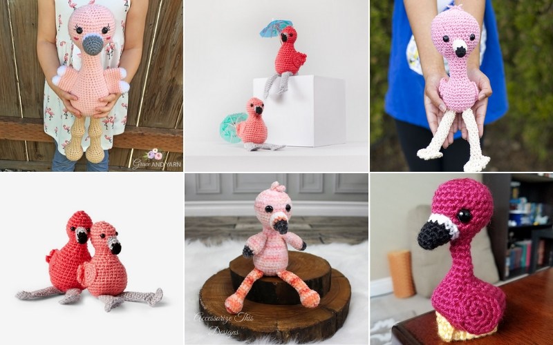 A collage showcases six fantastic flamingo toys, each crocheted in unique poses and vibrant settings, capturing the essence of exotic birds.