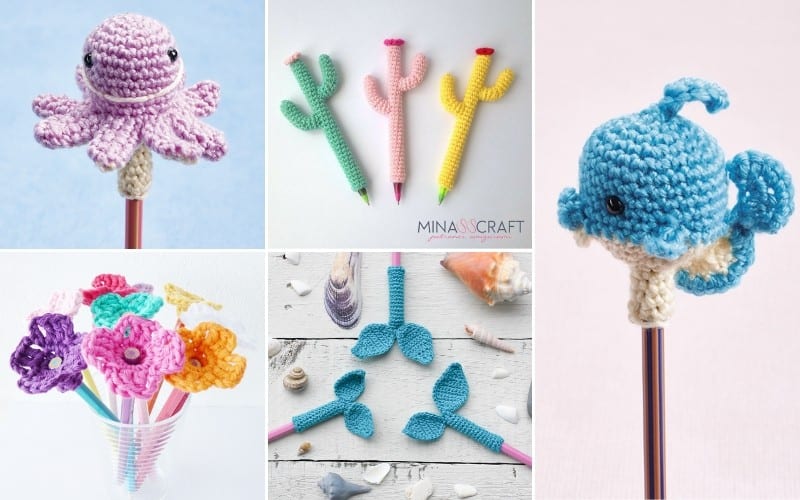 A fun collage of crochet items features a vibrant purple octopus, colorful pencil toppers, a charming blue whale, and a delightful bouquet of flowers. Discover the whimsical blue mermaid tail pencil toppers that add an extra touch of creativity to your writing adventures.