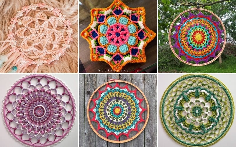 Six colorful crocheted Hoop Mandalas displayed in circular frames on various backgrounds.