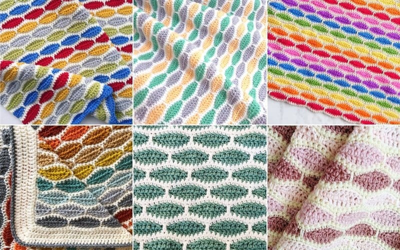 Six crochet blankets showcase vibrant, leaf-like patterns in stunning color combinations, crafted with skillful expertise. These projects feature the intricate millstone stitch, adding a unique texture and depth to each piece.